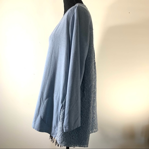 LOGO Lori Goldstein Blue Lace Back Zip Cardigan - Picture 3 of 11